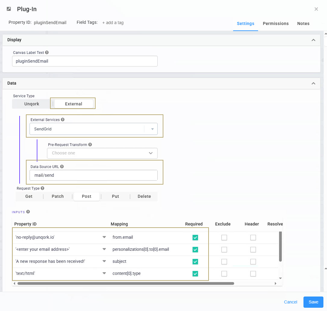 A static image displaying the settings for a plugin integration with SendGrid for email sending functionality.