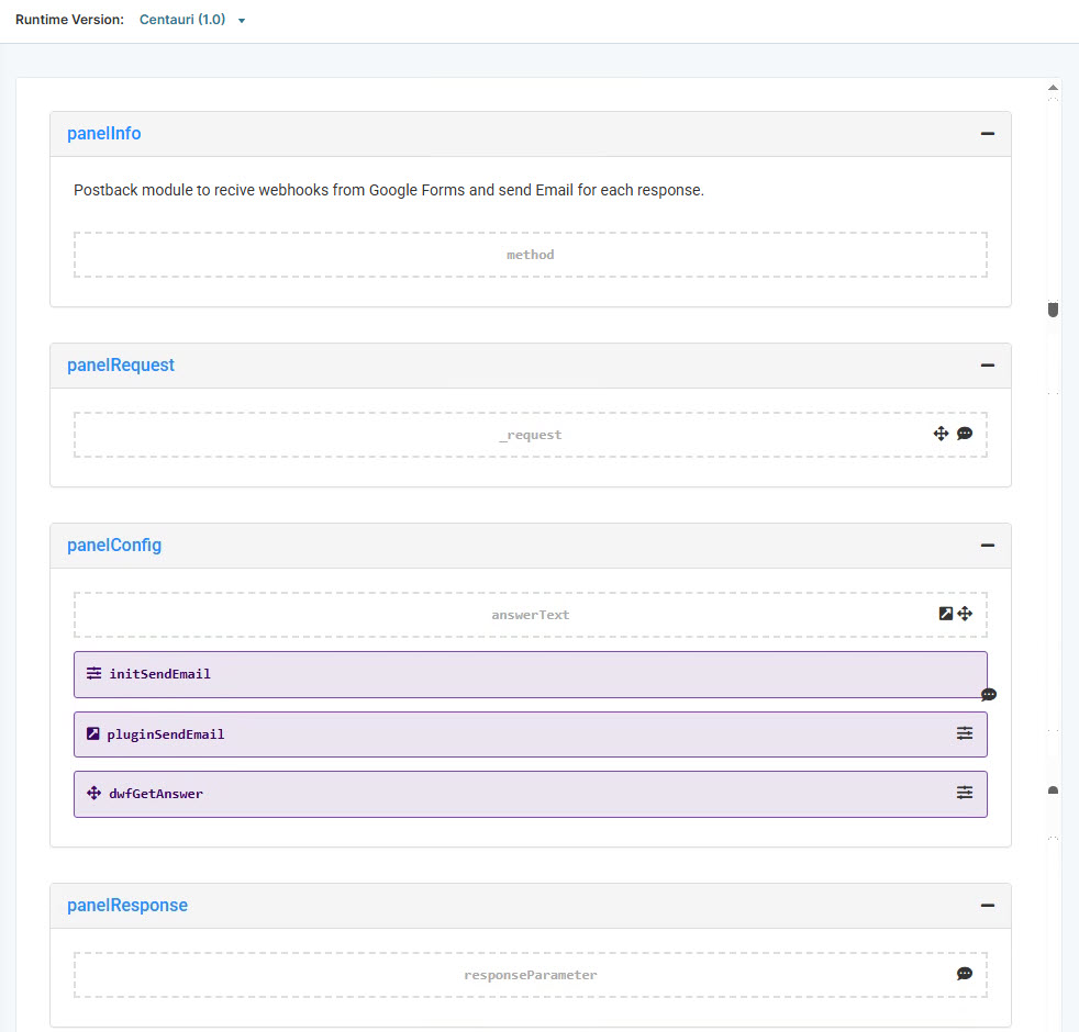 A static image displaying the Configuration panel for sending emails via Google Forms webhook responses.