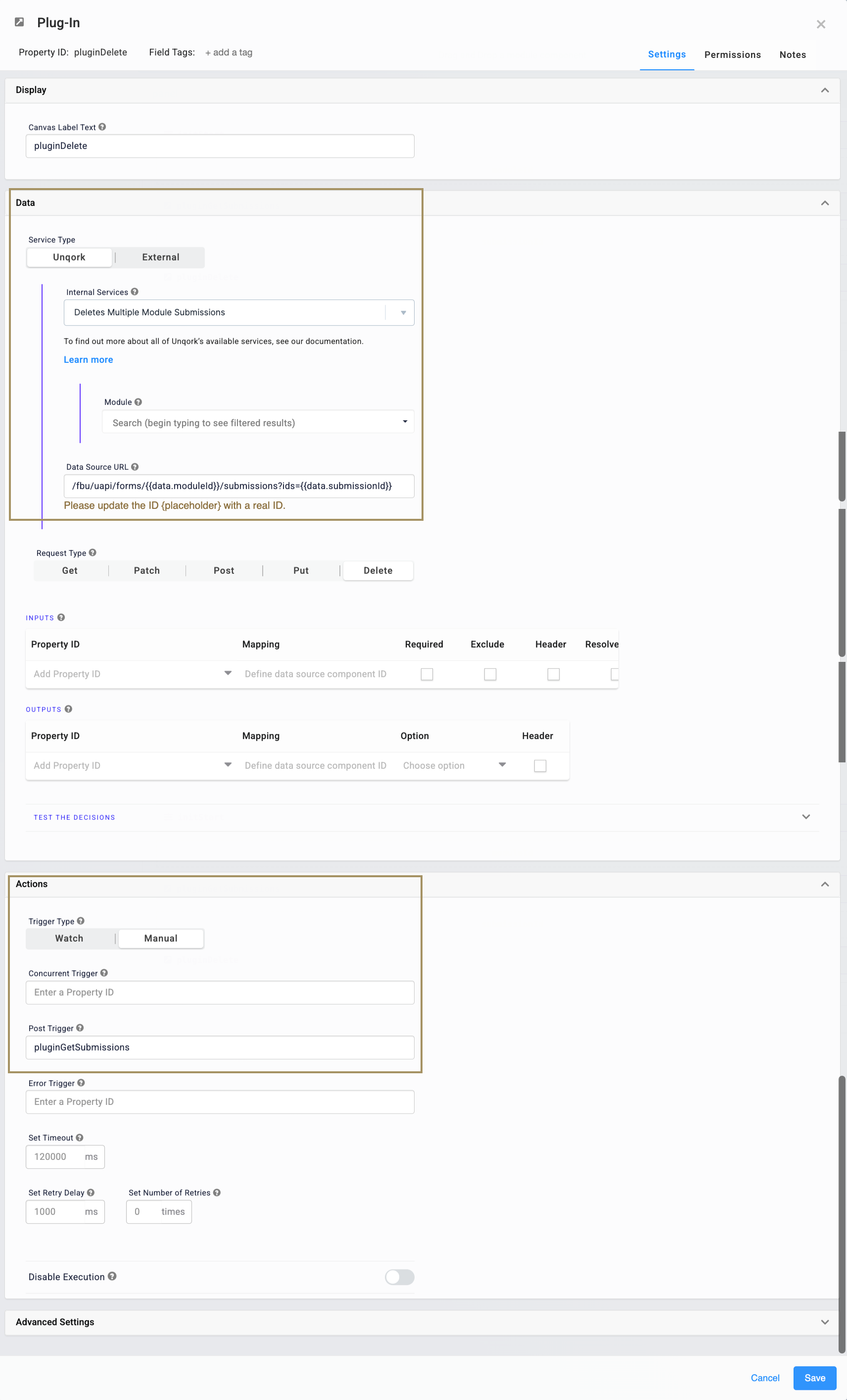 Settings panel for a plugin with various configuration options and data inputs.