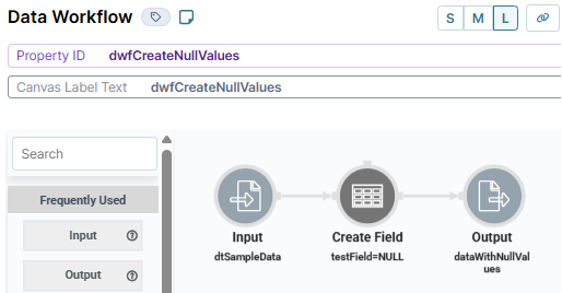 A static image displaying the configuration of the dwfCreateNullValues Data Workflow.