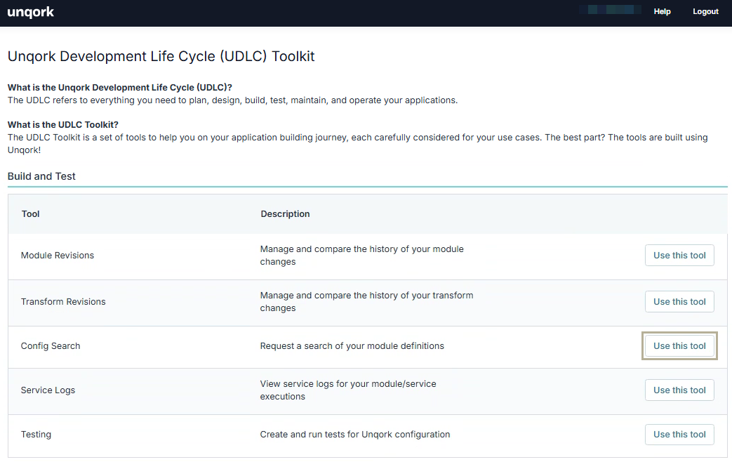 A static image displaying the Config Search Tool option in the UDLC Toolkit.