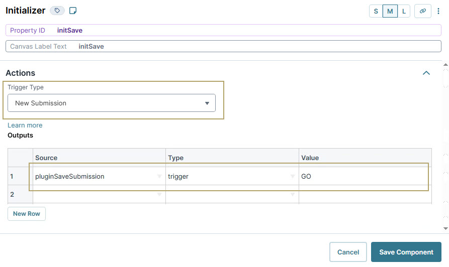 A static image displaying the Initializer Settings for a new submission trigger with output parameters displayed in a user interface.