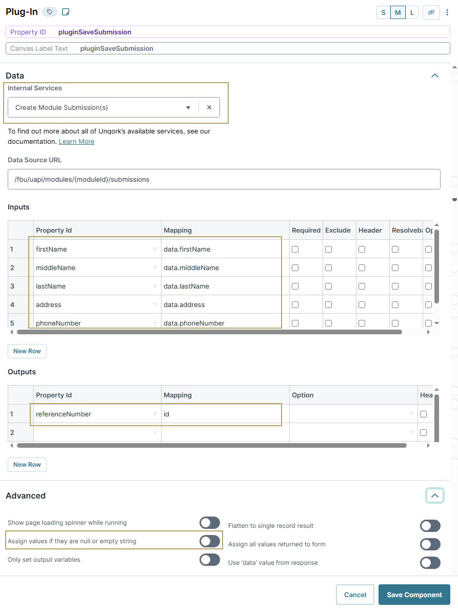 A static image displaying the Plugin settings for internal services submission including first name, address, and phone number.