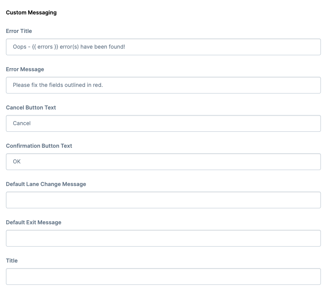 Error message form indicating fields that need correction and action buttons.