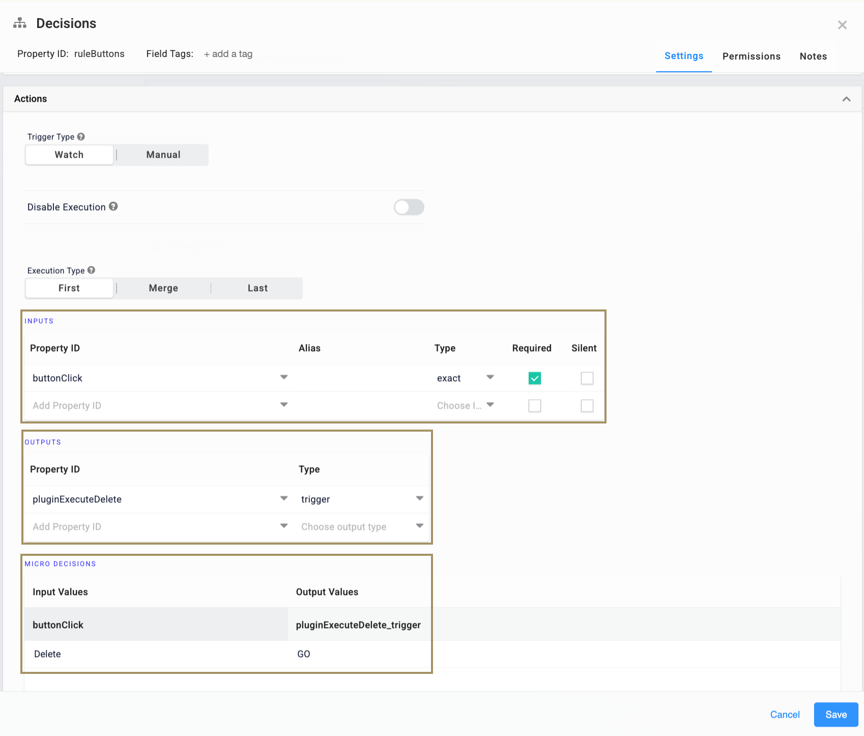 Settings interface displaying inputs and outputs for decision-making actions in a system.