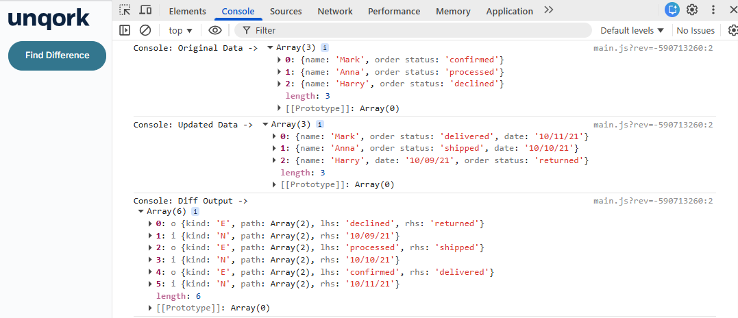A static image displaying the outputs of the three Console operators in the DevTools Console.
