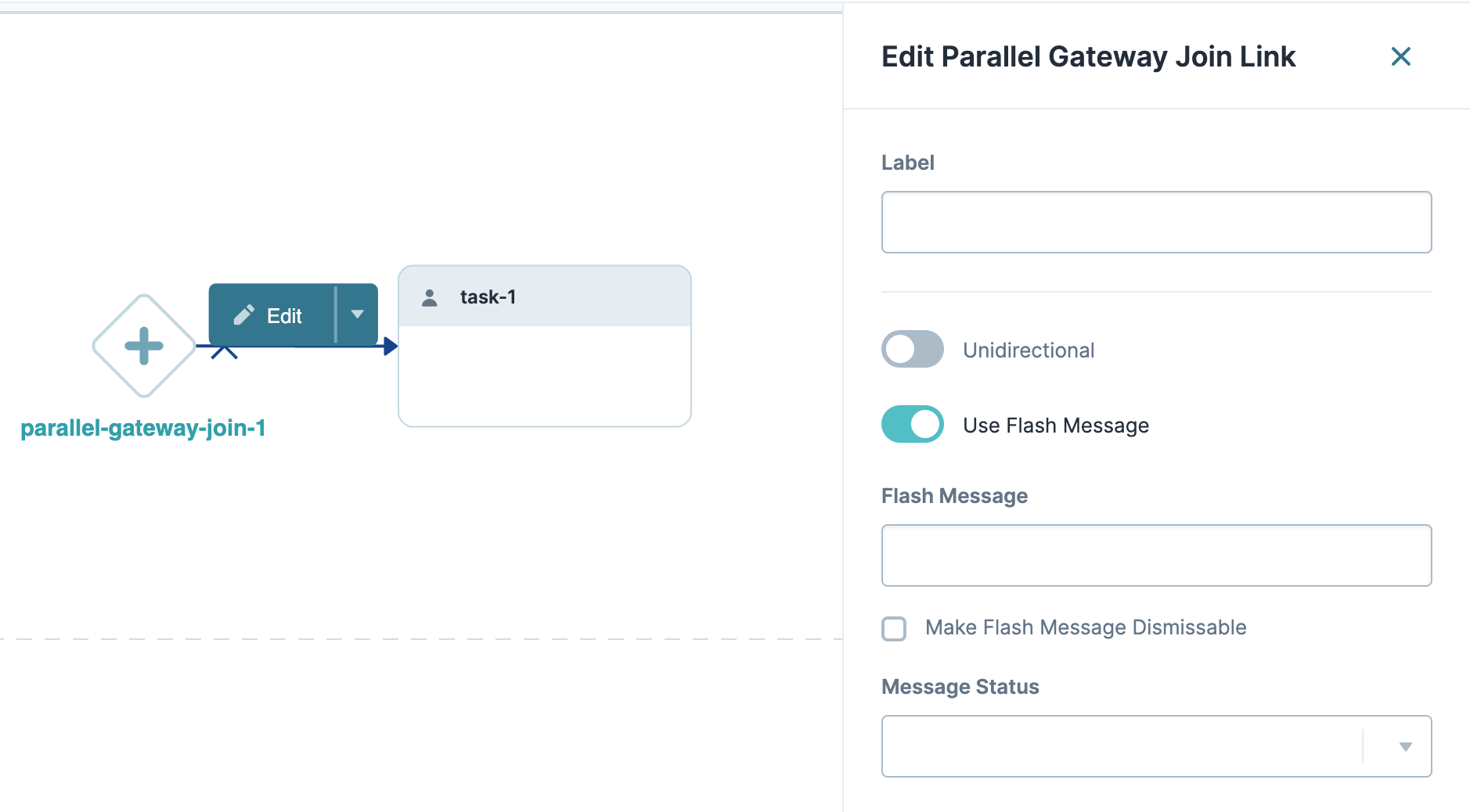 Editing settings for a parallel gateway join link in a workflow diagram.