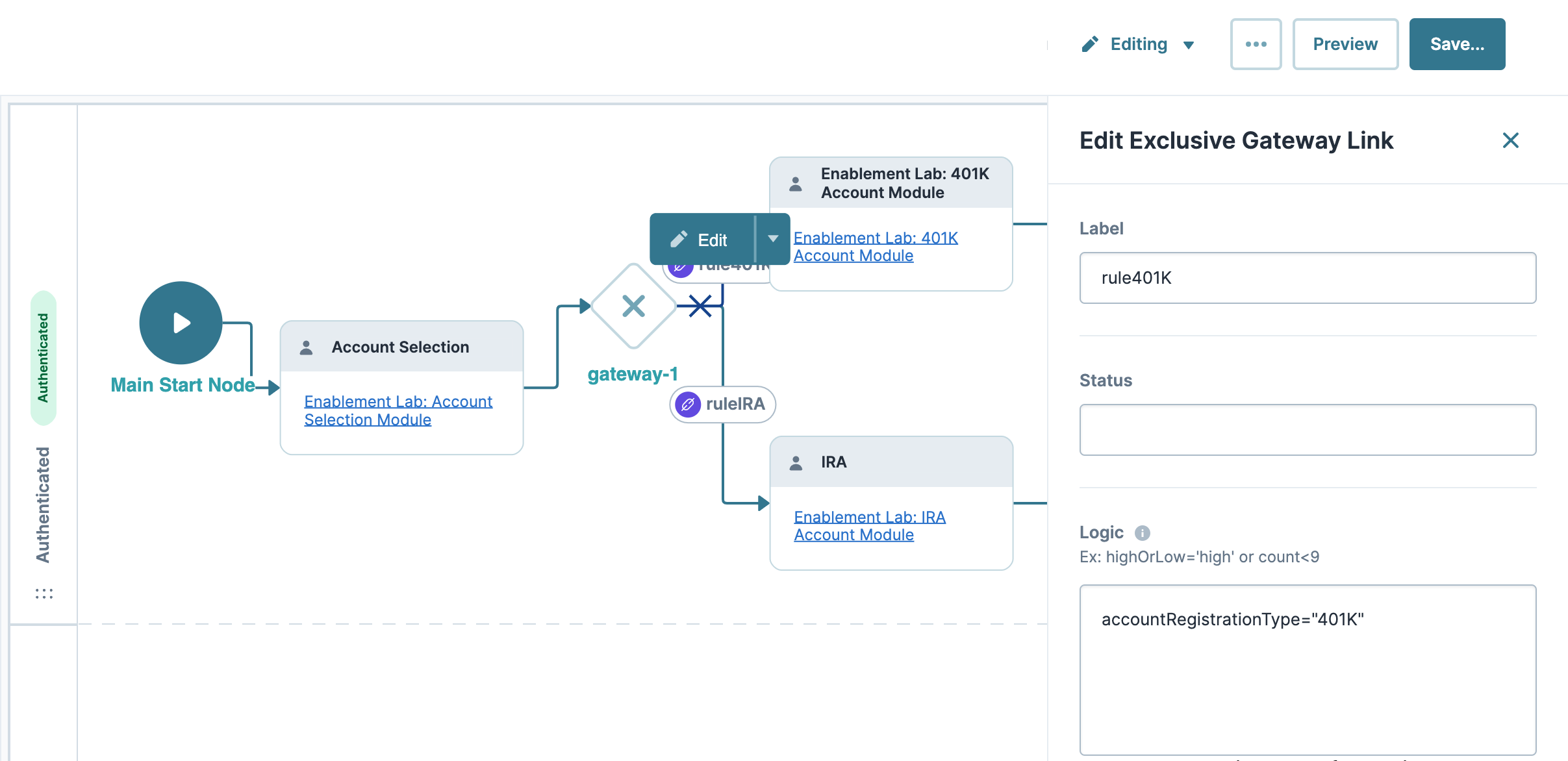 Flowchart illustrating account selection and gateway logic for 401K and IRA modules.