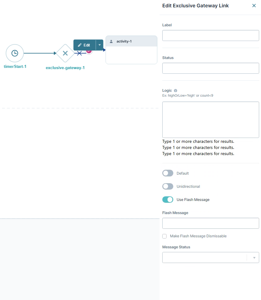 A static image displaying the Edit Exclusive Gateway Link settings.