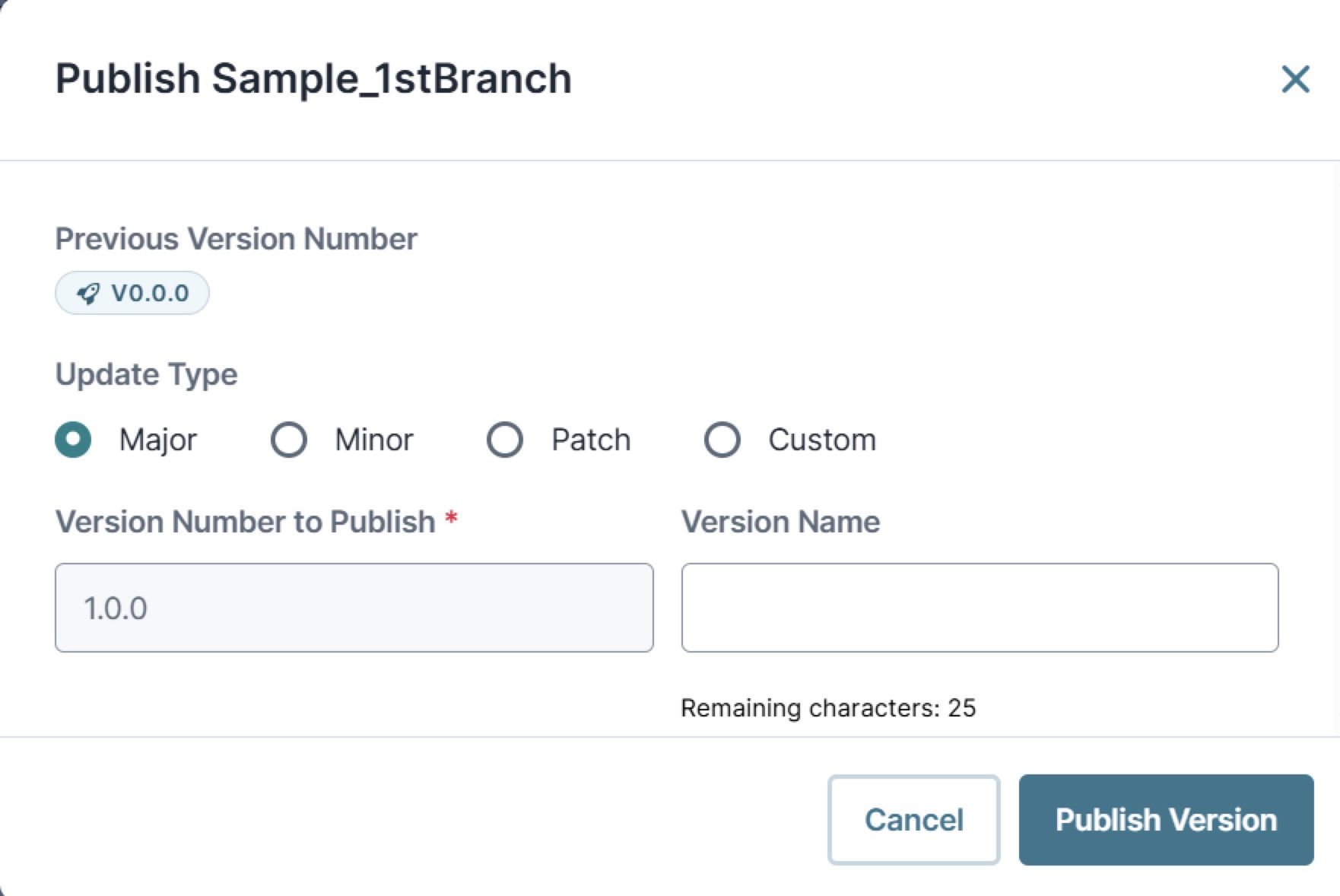 Interface for publishing a version with fields for version number and update type.
