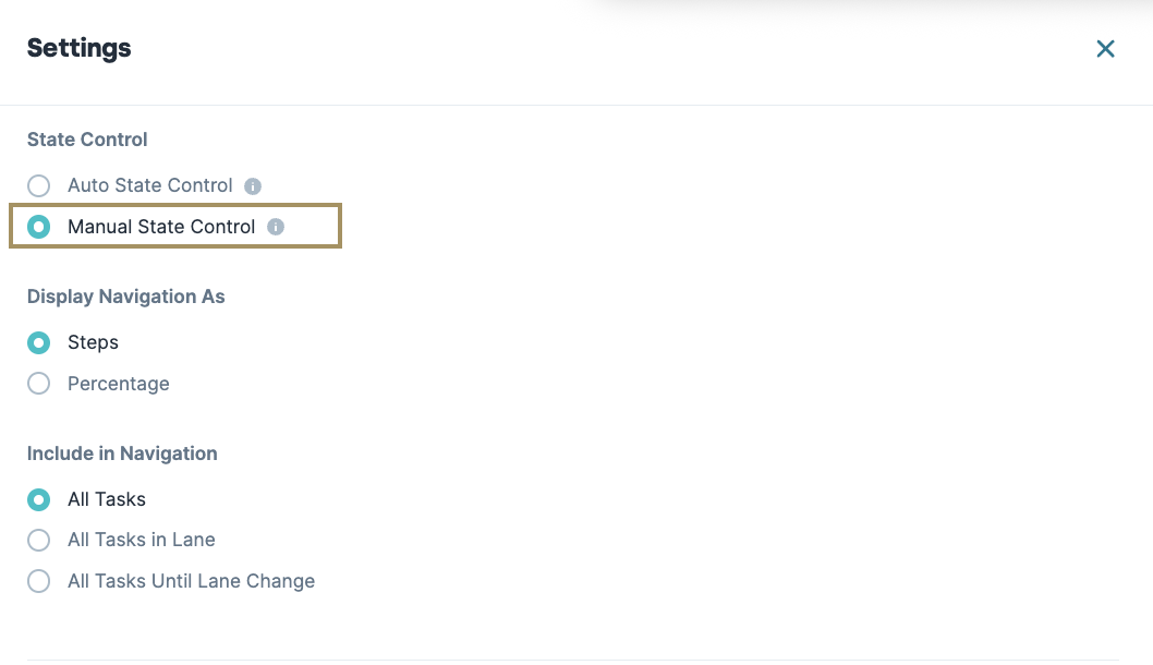 Settings menu showing options for state control and navigation display preferences.