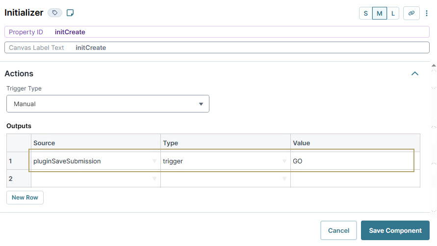 A static image displaying the Initializer settings with actions for manual trigger and outputs configuration.