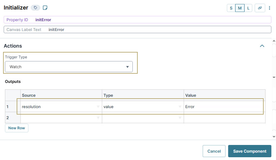 A static image displaying the Initializer settings with property ID and output configurations for error handling.
