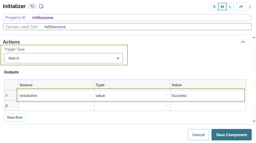 A static image displaying the Initializer settings with actions and outputs for a successful resolution trigger.