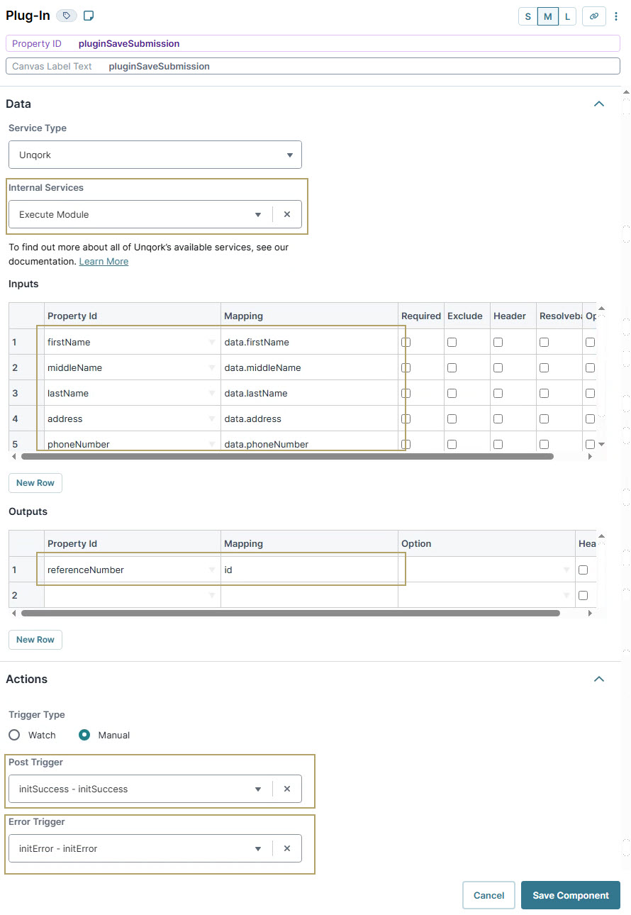 A static image displaying the Form layout showing data inputs and outputs for Unqork plugin submission.