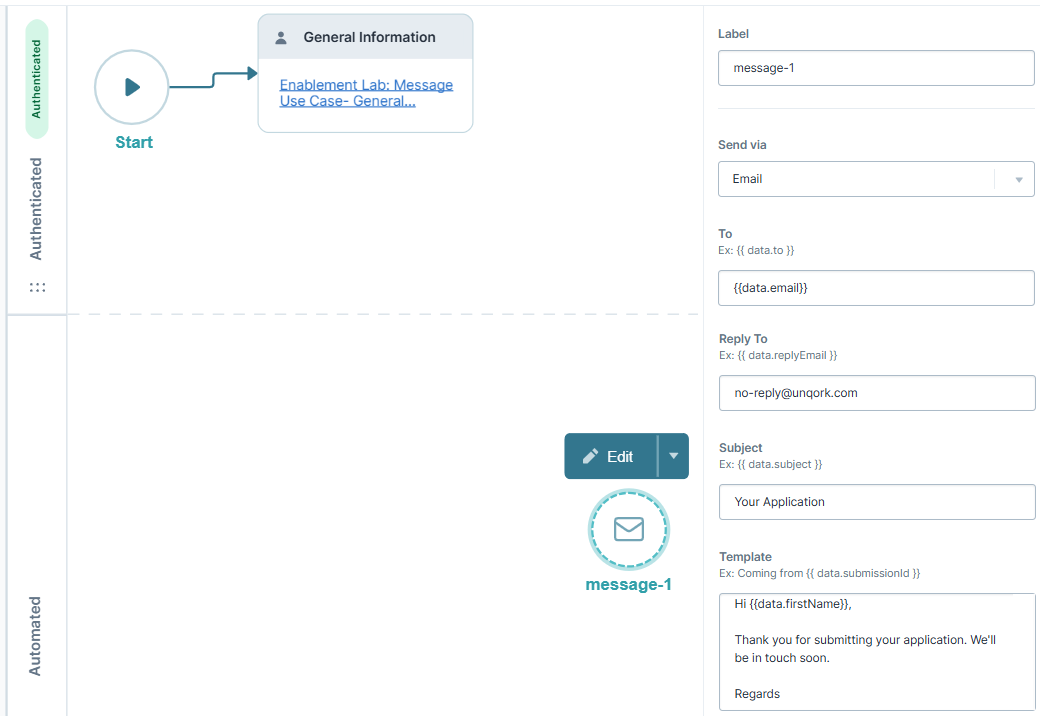 A static image displaying the settings of the Message Node.