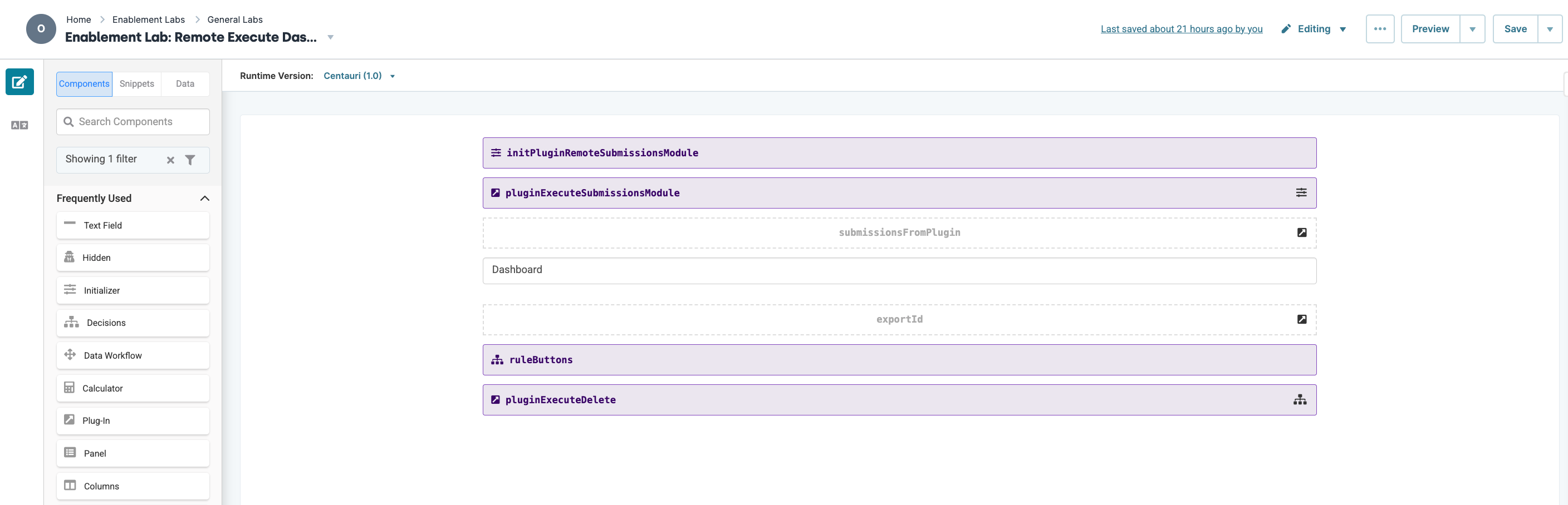 Dashboard interface displaying various components and modules for remote execution tasks.