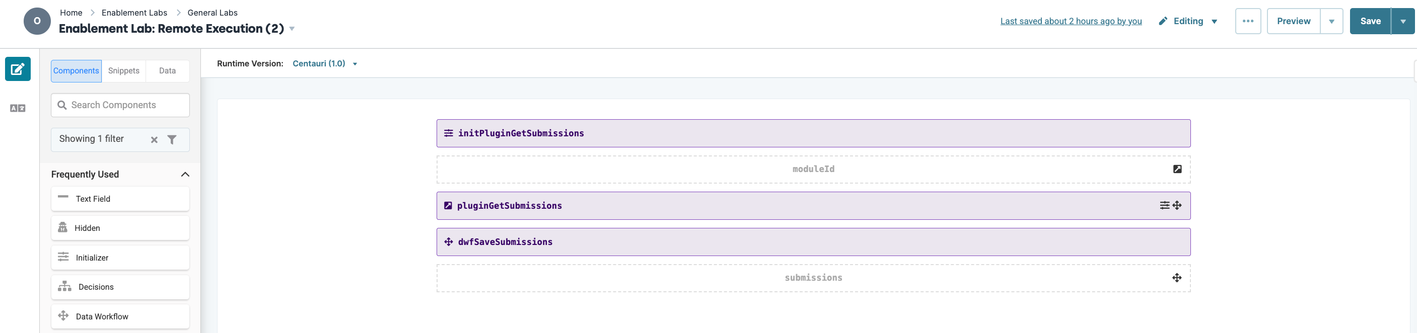 Interface showing components for remote execution in an enablement lab environment.