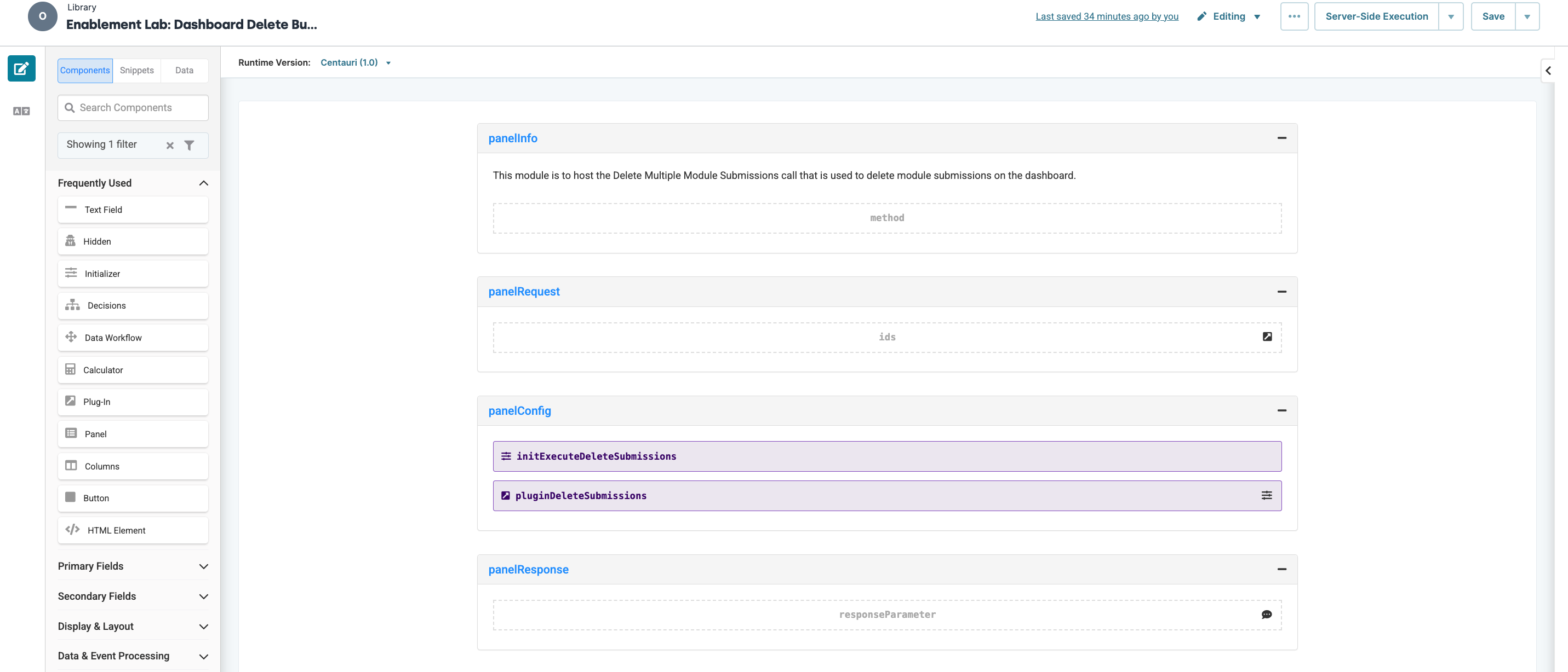 Dashboard module for deleting multiple module submissions with configuration options displayed.