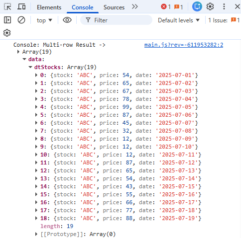 A static image displaying the DevTools Console for the Multi-row operator definition.
