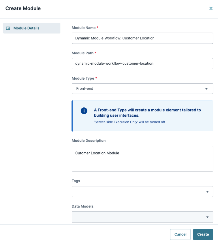 Creating a dynamic module for customer location with front-end specifications and descriptions.
