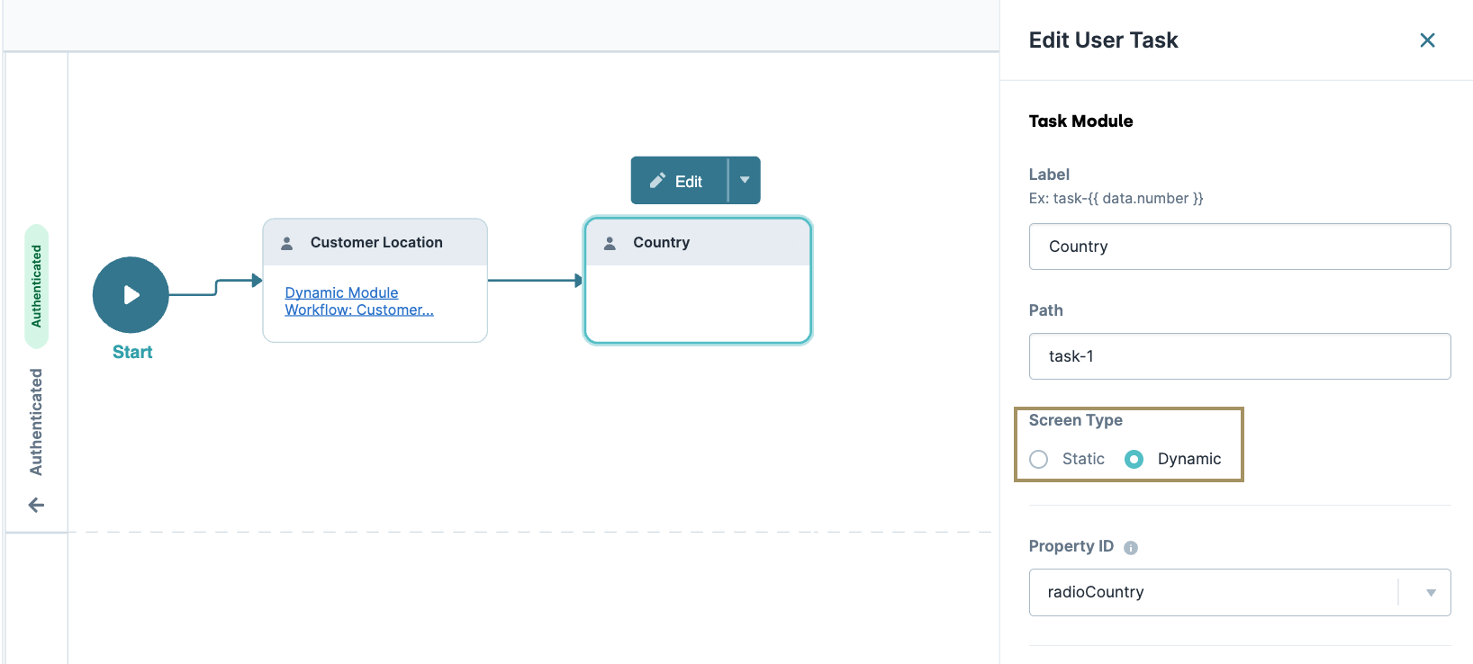 Workflow diagram showing user task for selecting customer country in a dynamic module.