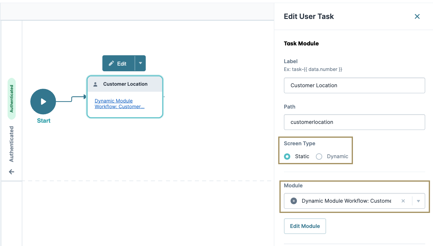 User task editing interface showing customer location and module settings options.