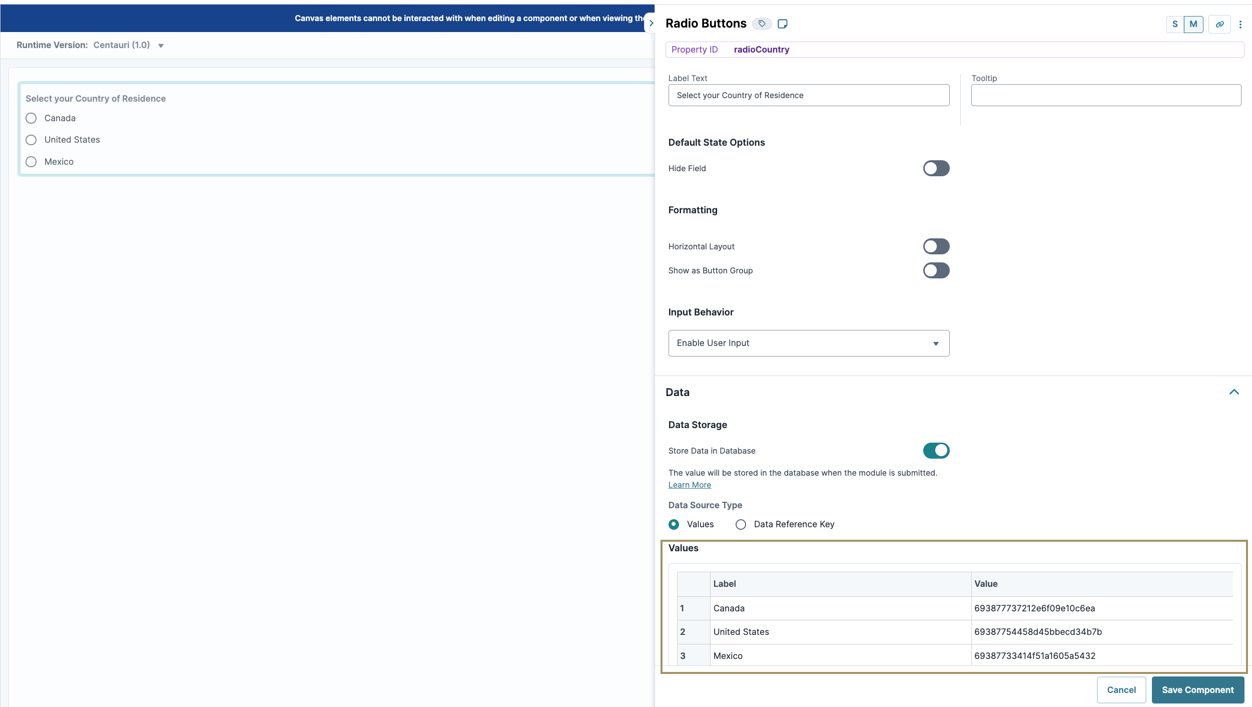 User interface displaying radio buttons for selecting country of residence options.