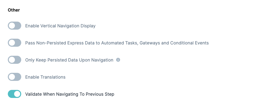 Settings options for navigation display, data persistence, translations, and validation steps.