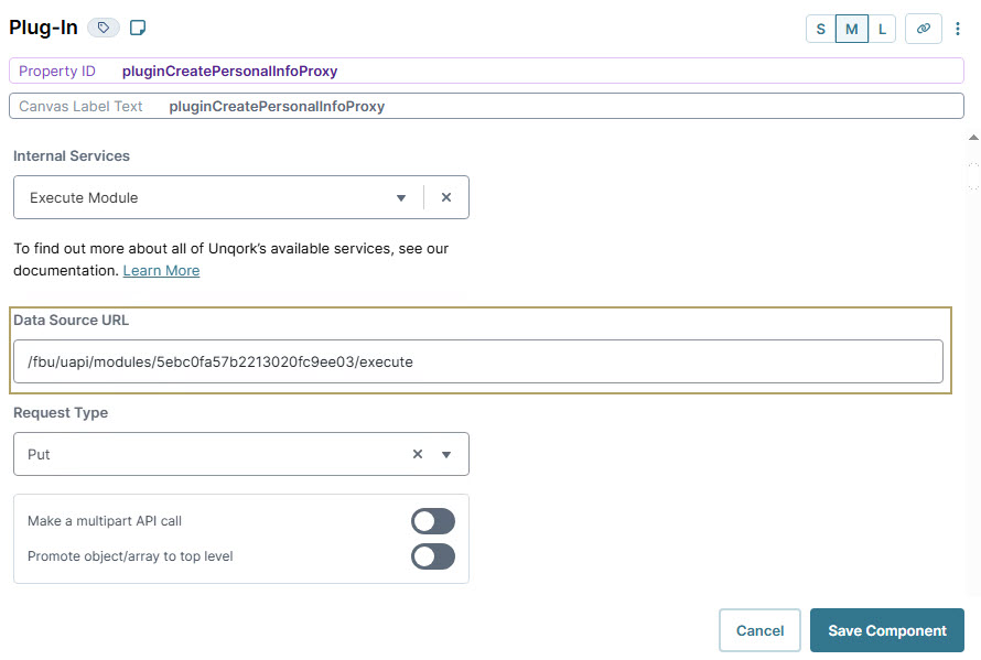 A static image displaying the Configuration settings for a plugin including data source URL and request type options.