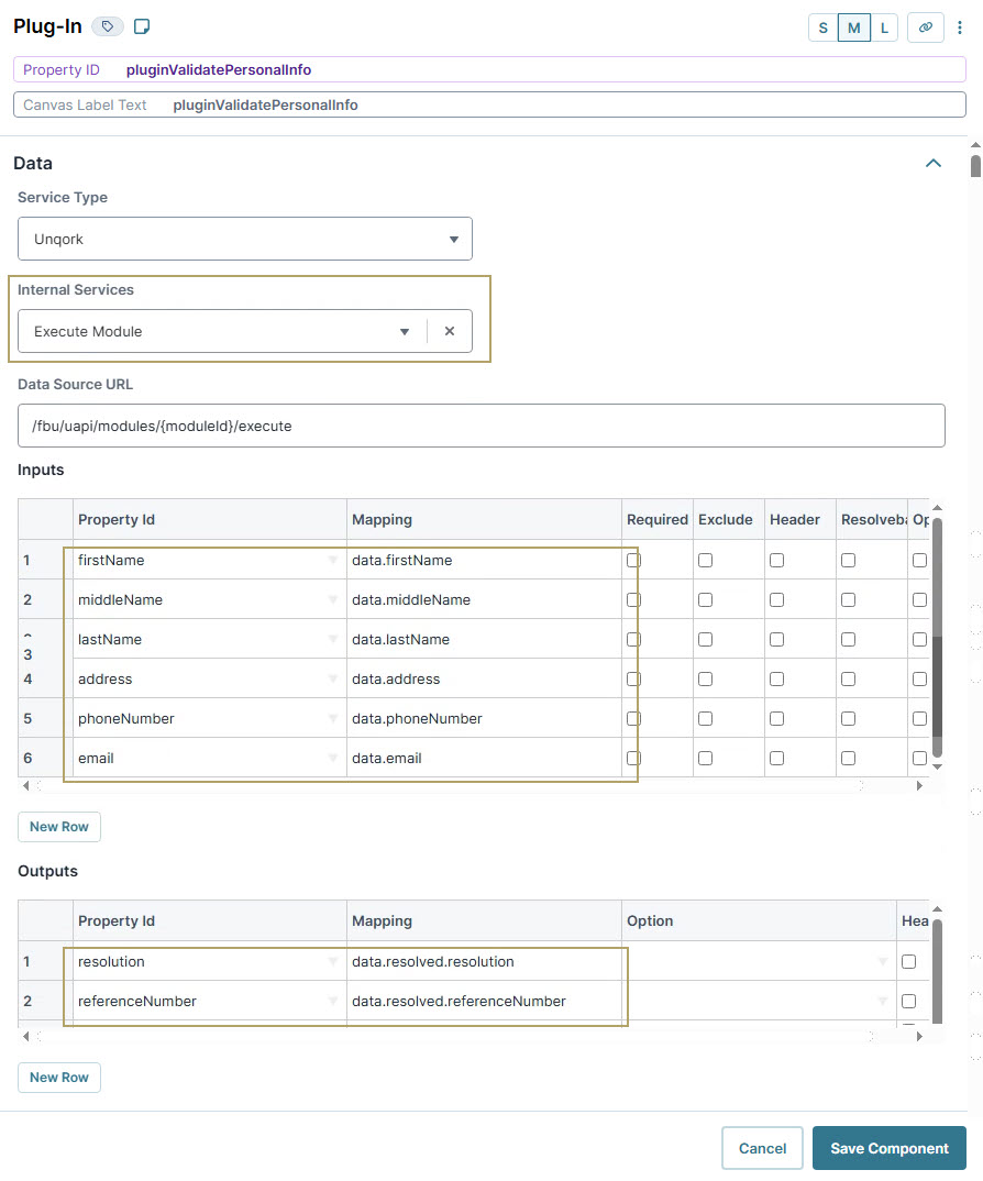 A static image displaying the Form fields for personal information input and output mapping in a plugin interface.