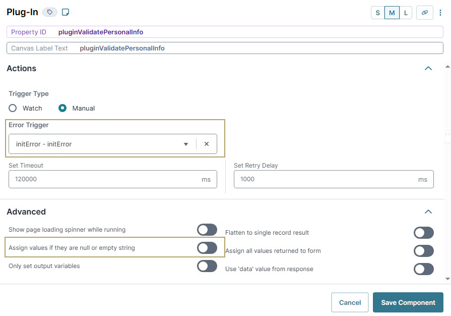 A static image displaying the Configuration settings for a plugin with error trigger and advanced options highlighted.