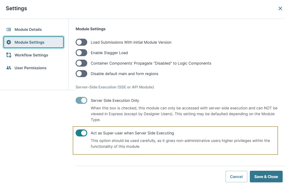 A static image displaying the Settings menu displaying module options and server-side execution features for configuration.
