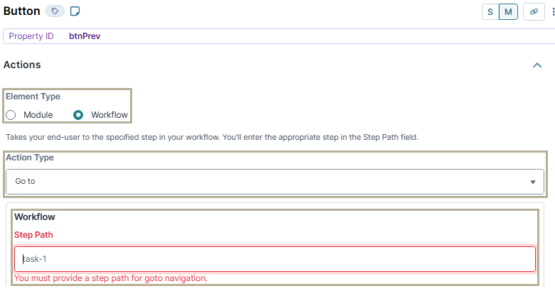 A static image displaying the btnPrev Button component's Actions settings.