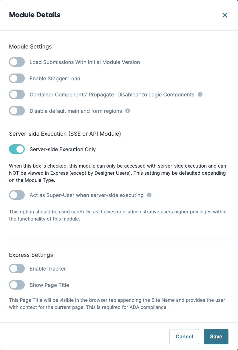 Settings for module execution and express settings in a user interface.