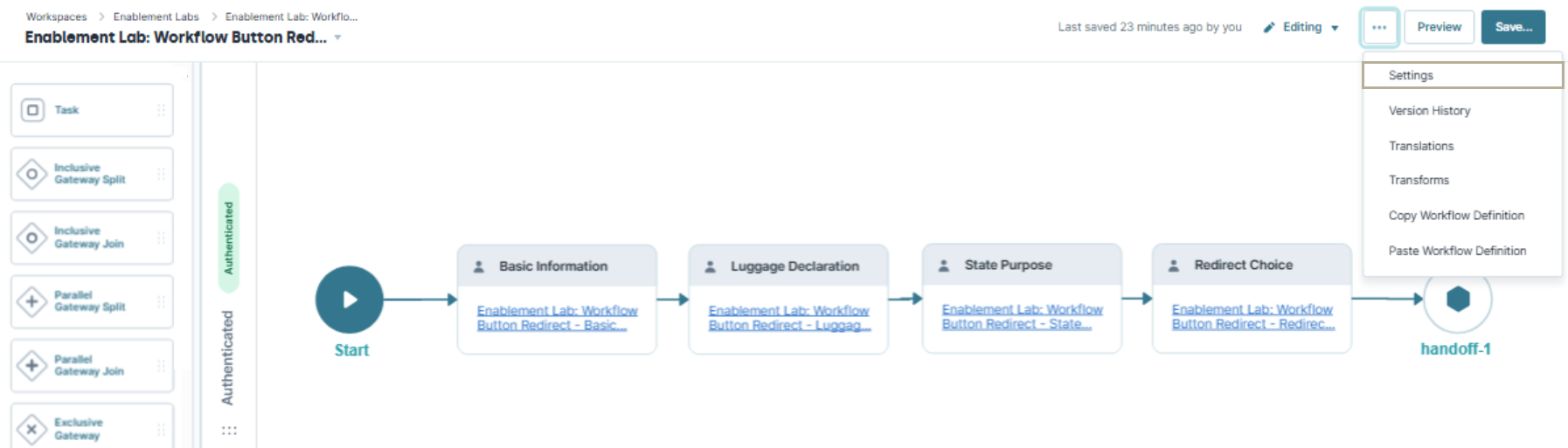 A static image displaying the Settings option in the workflow.