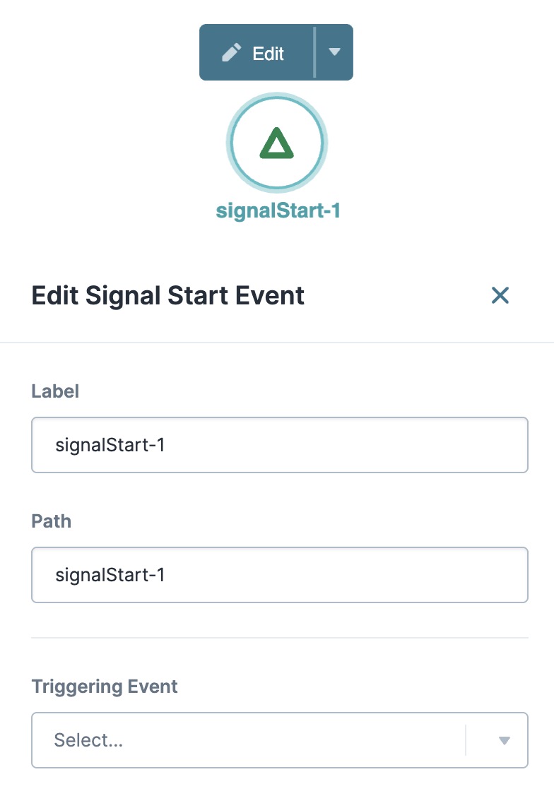 Editing the signal start event with label and path fields displayed.