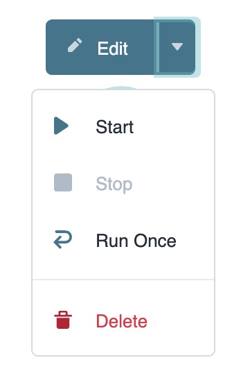 Menu options including Edit, Start, Stop, Run Once, and Delete buttons displayed.