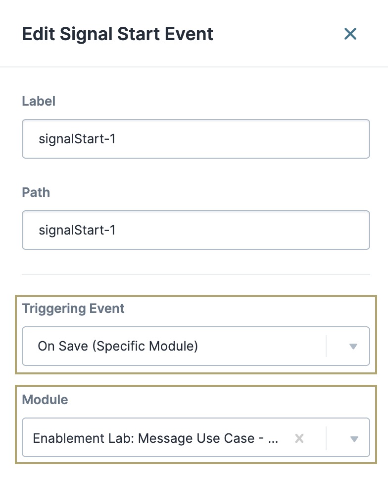 Editing a signal start event with label and triggering event details displayed.