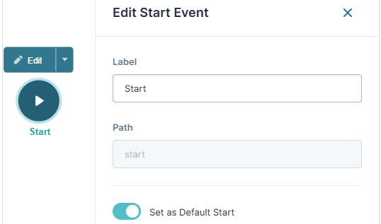 A static image displaying the edit start event with label and path fields in a user interface.