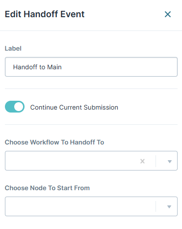 A static image displaying the interface for editing a handoff event with options for workflow and node selection.