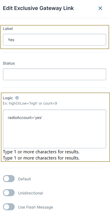 A static image displaying the form fields for editing an exclusive gateway link with logic and status options.