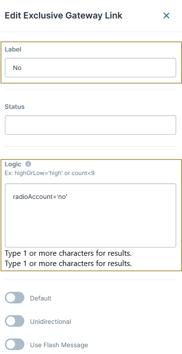 A static image displaying the form fields for editing an exclusive gateway link with logic and status options.