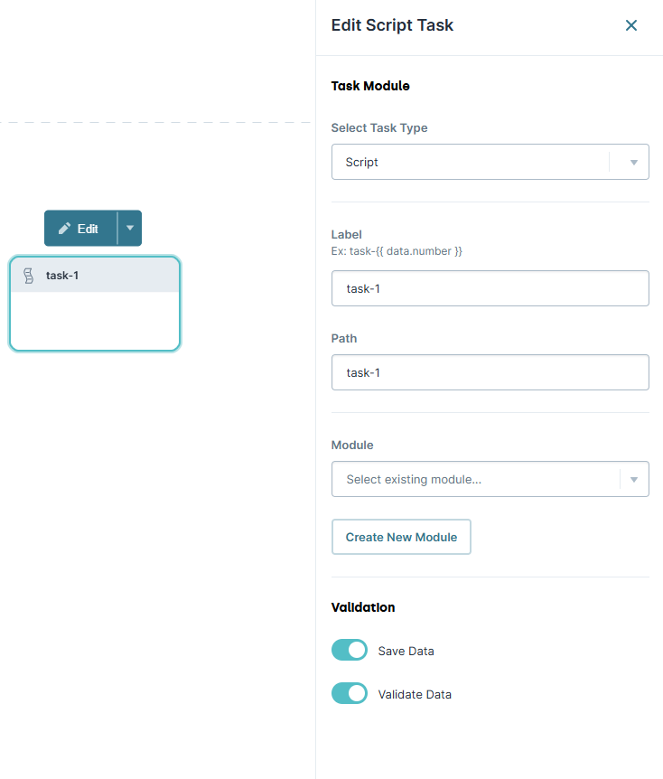 A static image displaying the editing window of a script task with fields for label, path, and module selection.