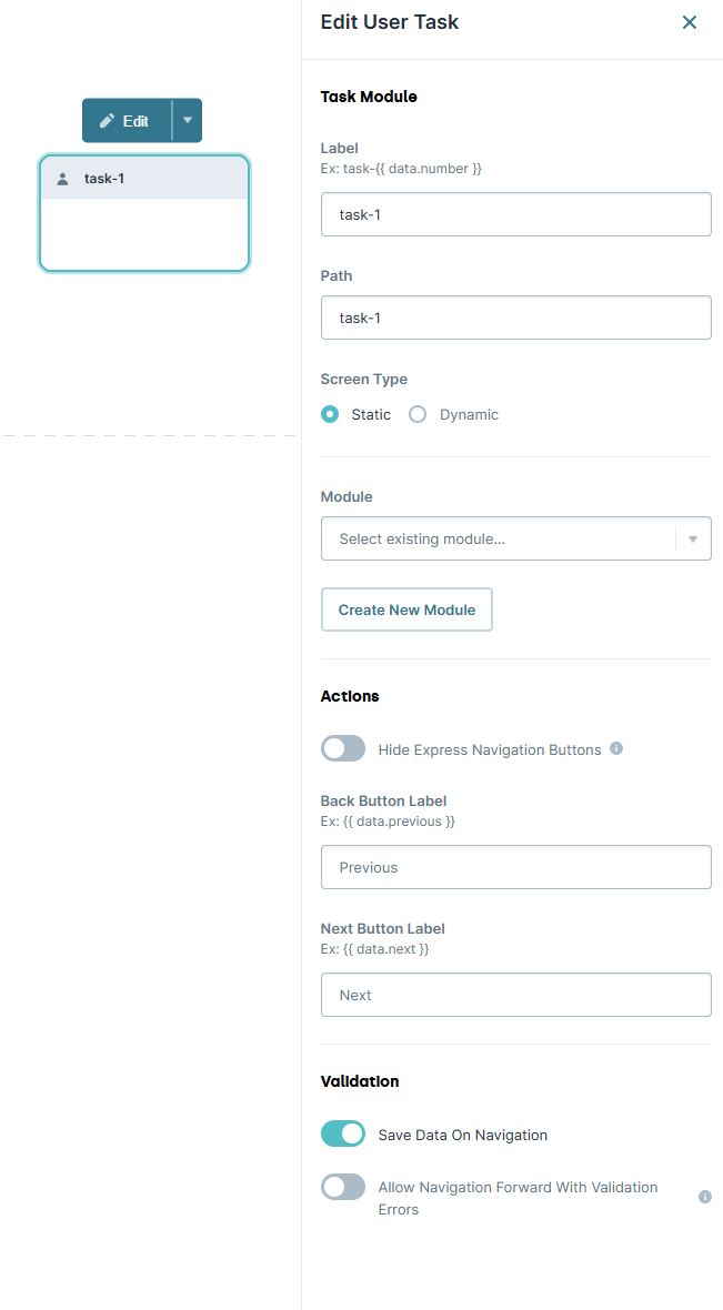 A static image displaying the User task editing interface showing options for label, path, and navigation buttons.