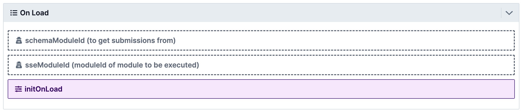 On Load section displaying schemaModuleId and sseModuleId with initOnLoad highlighted.
