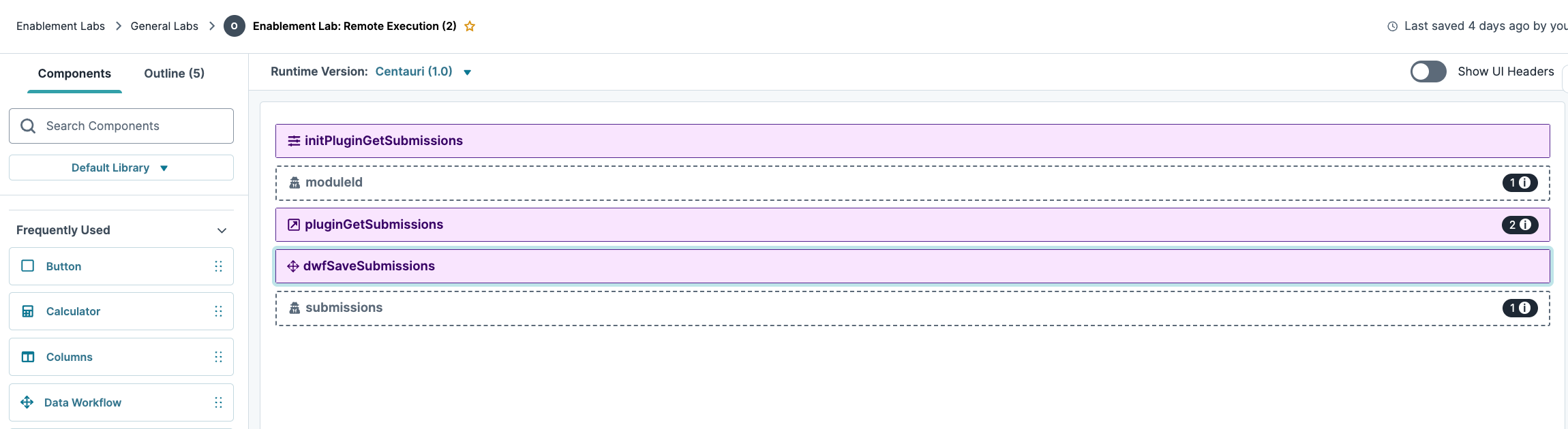 Overview of components and submissions in the Enablement Lab interface.
