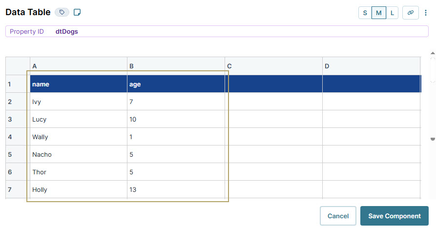 A static image displaying the Data table displaying names and ages of various dogs for reference.