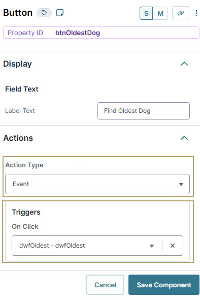 A static image displaying the Button labeled 'Find Oldest Dog' with action type and trigger settings displayed.