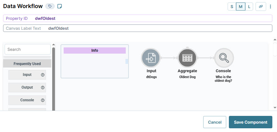 A static image displaying the Data workflow interface showing input, aggregate, and console components for dog information.